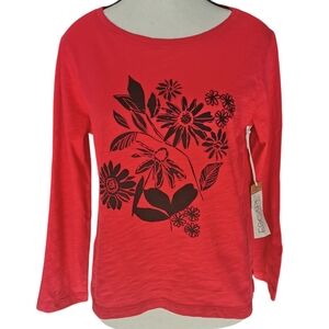 Escape by Habitat Cherry Red Floral Graphic 3/4 Sleeve Tee Relaxed Fit NWT Sz S